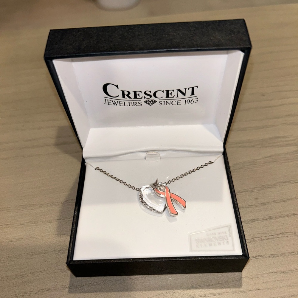 Crystal Heart & Pink Breast Cancer Ribbon Necklace Made with Swarovski Elements